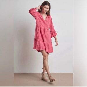 Velvet by Graham & Spencer Linen Woven Tiered Bell Sleeve Mini Dress Medium pink